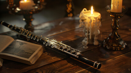 Serene Oboe A serene oboe placed delicately on a mahogany table, with its slender body and silver keys reflecting the soft glow of candlelight, promising to deliver poignant and emotive melodies.