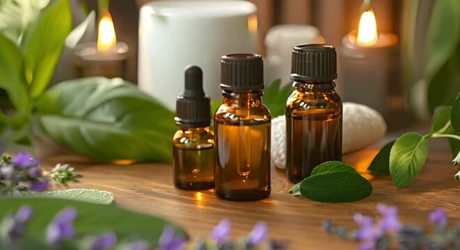 Essential oils on bathroom table for aromatherapy. Concept Aromatherapy, Essential Oils, Bathroom Decor, Relaxation, Wellness