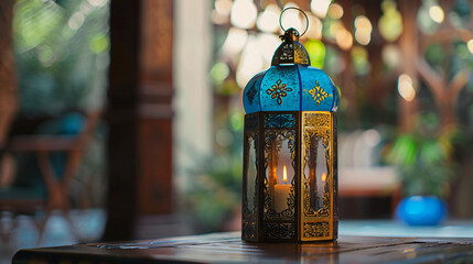 Blue and Gold Lantern on Table