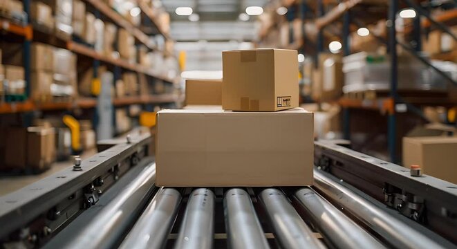 Cardboard boxes moving on conveyor belt in warehouse for ecommerce delivery. Concept Ecommerce Warehouse, Conveyor Belt, Cardboard Boxes, Logistics, Supply Chain
