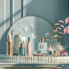 Cosmetic products displayed elegantly on a chic vanity, showcasing an array of colors and textures from luxury brands3D vector illustrations