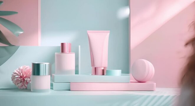 Pastel pink and blue cosmetics packaging mockup for beauty product display. Concept Cosmetics Packaging, Mockup Design, Product Display, Beauty Products, Pastel Colors