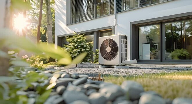 Closeup of heat pump in front of modern house surrounded by nature. Concept Heat Pump, Modern House, Nature Surroundings, Closeup Shot, Residential HVAC