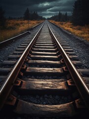 Fototapeta premium Metallic Railway Tracks Under Bright SunlightShadows Crossing - Transportation Industry Scene