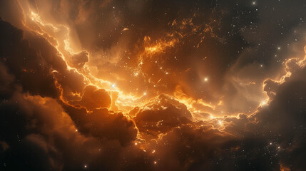 Amazing nebula cloud, stars and galaxies in the background, glowing orange light against a space background.