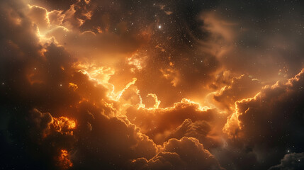 Amazing nebula cloud, stars and galaxies in the background, glowing orange light against a space background.