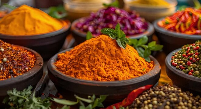 Vibrant Spice Bowls in Indian Market: Perfect for Food Ads. Concept Food Photography, Indian Cuisine, Market Vibrance, Spice Bowls, Advertisement Shoot