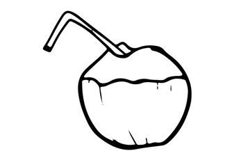 Coconut with a straw hand drawn illustration. Simple outline isolated on white background. Tropical beverage and summer refreshment concept for design and print