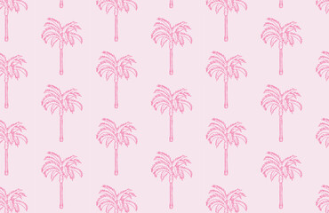 Hand drawn palm tree seamless pattern on light pink background. Tropical design backdrop. Summer and vacation concept for design, textile, and wallpaper.