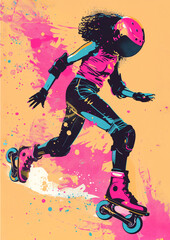 In this image, a woman is rollerblading with a pink helmet on. She is wearing knee and elbow pads for protection. The yellow background is a pink and blue splatter design