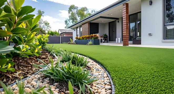 Creating a title that conveys the same meaning: "Front yard of an Australian home featuring artificial grass lawn and timber edging". Concept "Charming Australian Home with Artificial Grass Lawn and 
