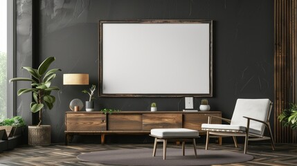Mockup frame of living room interior with empty dark wall background, AI generated image.