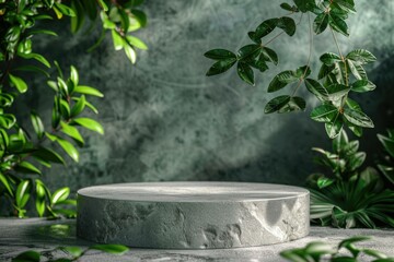 Natural stone and concrete podium in Natural green background for Empty show for packaging product presentation. Background for cosmetic products, the scene with green leaves. Mock up the pedestal.