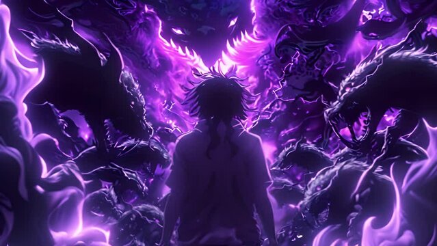 Anime scene of a man in a black cloak with horns and glowing purple eyes standing on the ruins. Surrounded by large demon-like creatures.