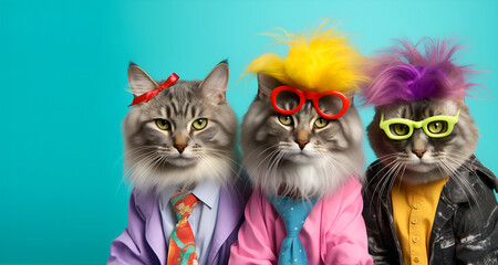 Creative animal concept. Group of Tabby cat kitten in funky Wacky wild mismatch colourful outfits...