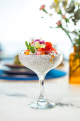 Chia Seed Pudding with Fresh Fruit on White Table