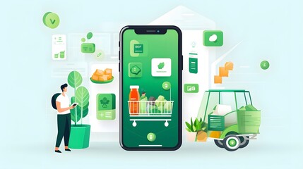 Smartphone with food delivery app. Delivery service concept. Vector illustration
