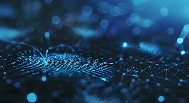 Using digital fingerprints and nodes as metaphors to represent trust in blockchain identity. Concept Blockchain Identity, Digital Fingerprints, Trust Nodes, Security Metaphors, Identity Verification