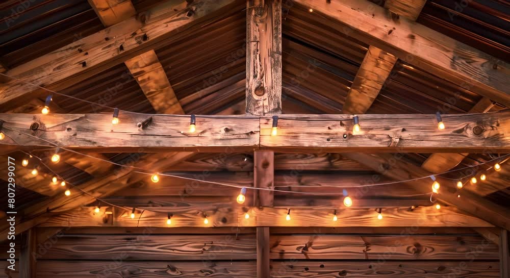 Poster rustic and simple: wooden structure adorned with string lights. concept rustic decor, wooden structu