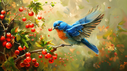 Blue Bird Flying Over Tree With Red Berries
