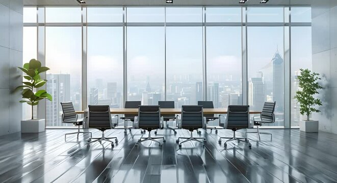 Virtual background of conference room with office windows for Zoom meetings. Concept Zoom Backgrounds, Virtual Workspace, Conference Room Setting, Office Windows View