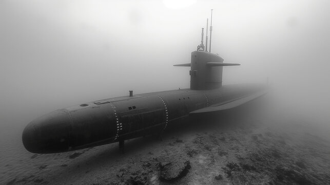 A large submarine is sitting on the ocean floor