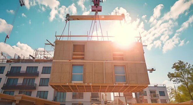 Wooden modular building pieces lifted by crane into Berlin office building under construction. Concept Construction, Modular Building, Crane Lift, Berlin, Office Building