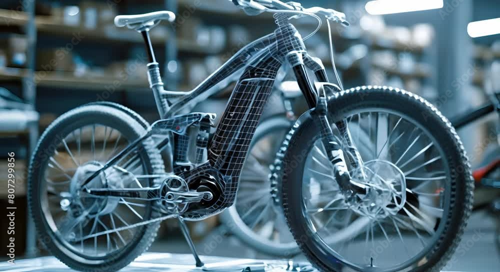 Aufkleber virtual wireframe prototype of electric mountain bike in display factory simulation . concept electr