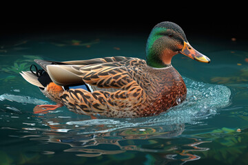 A side view of a mallard duck peacefully floating on top of the water