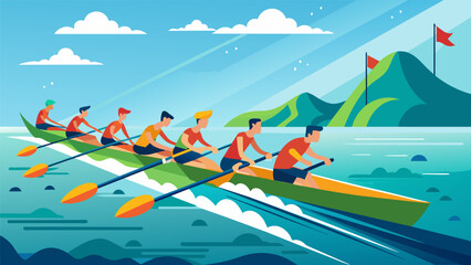 As the day heats up the rowing teams battle it out in the regatta their coordinated movements almost mesmerizing to watch.. Vector illustration