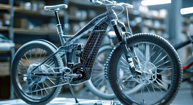 Virtual wireframe prototype of electric mountain bike in display factory simulation . Concept Electric Mountain Bike, Wireframe Prototype, Display Factory Simulation, Virtual Modeling