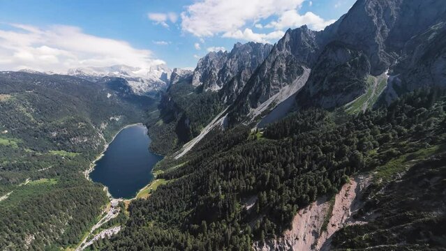 360 degrees seamless loopable aerial panorama of Gosaukamm and Dachstein massif, Gosau lake in Salzkammergut, Upper Austria.