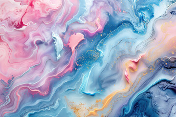 A vibrant abstract painting featuring swirls of blue, pink, and yellow colors in a pastel marble...