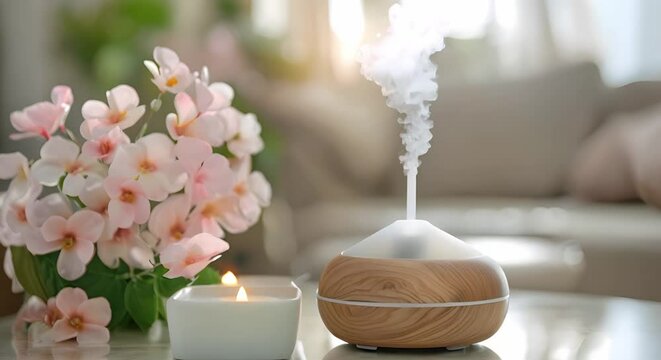 Aromatic essential oil diffuser for relaxation and therapeutic benefits. Concept Aromatherapy, Essential Oils, Relaxation, Wellness, Diffuser