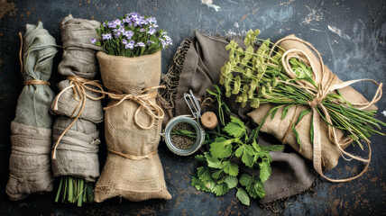 A bunch of herbs and flowers are tied together in burlap bags - Powered by Adobe