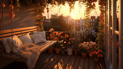 Petit balcon cocooning, avec petites guirlandes de lumière, fleurs, bougie, fauteuil en bois avec coussins blancs. Vue sur un coucher de soleil, début de soirée. Ambiance calme, zen, cosy.