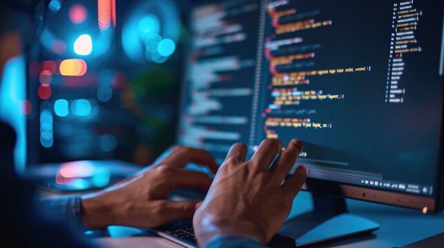 Close-up of a programmer's hands typing on a backlit keyboard, with lines of code displayed across multiple computer screens. AIG41