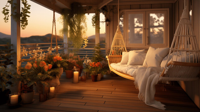 Petit balcon cocooning, avec petites guirlandes de lumi&egrave;re, fleurs, bougie, fauteuil en bois avec coussins blancs. Vue sur un coucher de soleil, d&eacute;but de soir&eacute;e. Ambiance calme, zen, cosy.