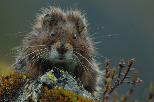 Wild Norwegian Lemming in Jotunheimen Mountains of Norway. Adorable Young Mammal with Tufted Hair