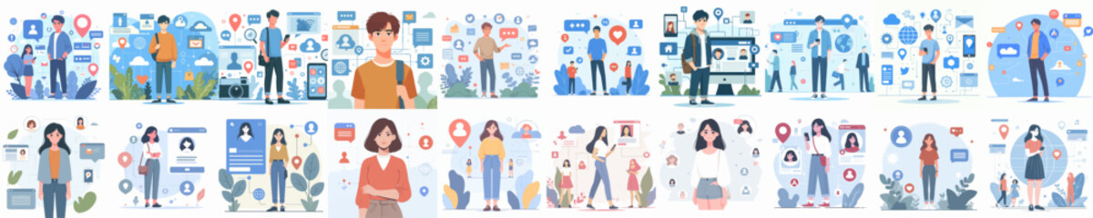 set vector social network in flat style