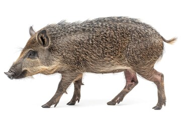 Wild Javelina Pig Walking in Side Profile Isolated on White Background