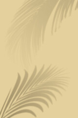 Summer beach concept with tropical palm leaves shadows on sand color background. Minimal sunlight tropical layout.
