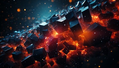 Futuristic 3D animation of abstract shapes and particles in motion, blending colors against a dark, seamless background, suitable for hightech presentations