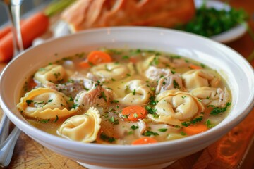 Traditional Chicken Tortellini Soup with Cheesy Hot Broth and Vegetables 