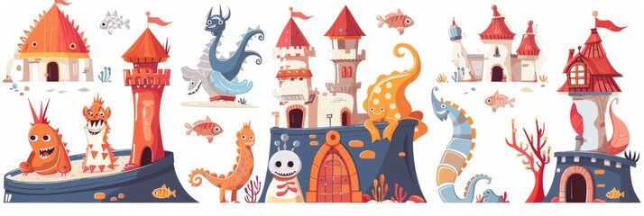 Castle, monster, surreal images set, fantasy fairytale characters, scary mythology beasts, doodle fish dragons
