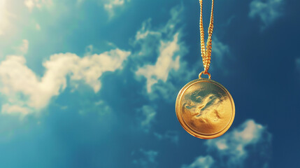 close-up of a gold medal against a blue sky, space for text, Olympic gold medal