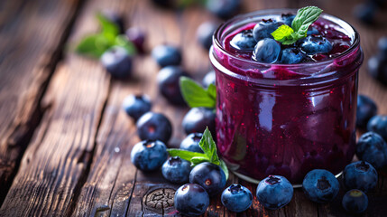 Blueberry jam in a glass jar on a dark wooden background
