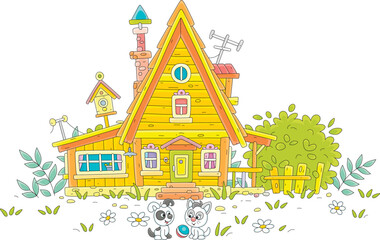 Obraz premium Funny little kitten and puppy merrily playing with a ball in a yard of a pretty village house in countryside on summer vacation, vector cartoon illustration on a white background