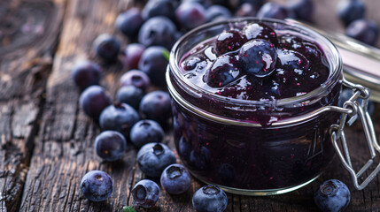 Blueberry jam in a glass jar on a dark wooden background