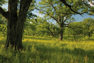 Fototapeta premium Summer in Illinois Oak Savanna: Exploring the Midwest Forest with Wildflowers and Grass